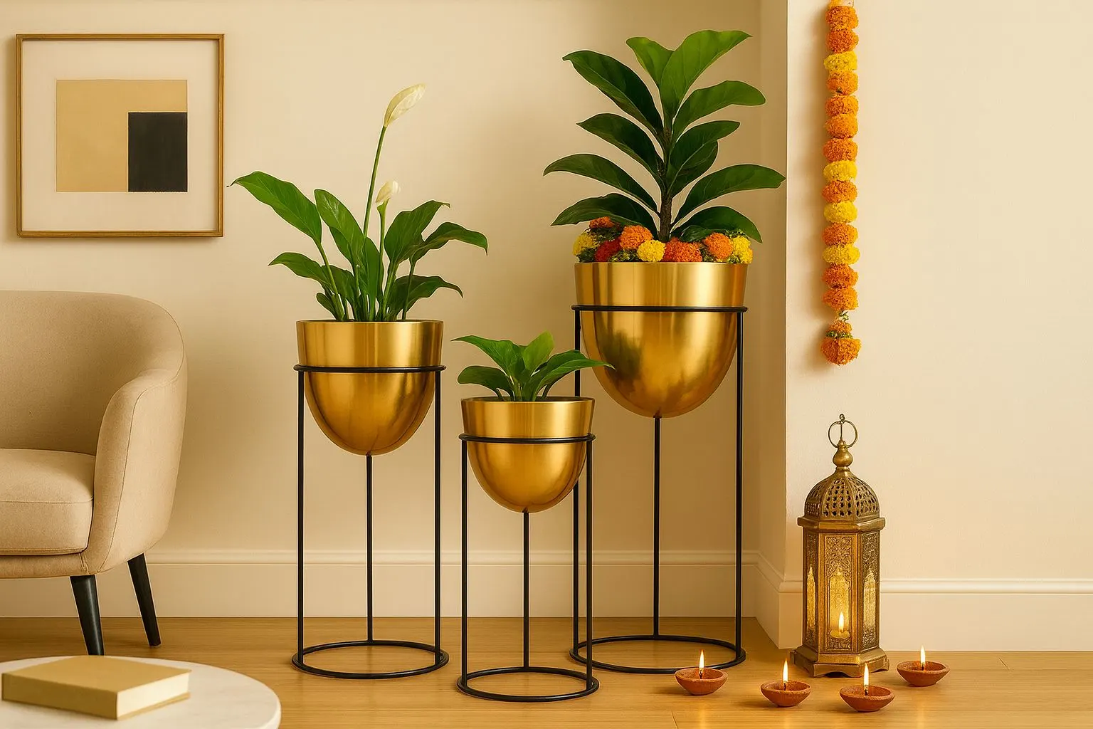 Urban Plant indoor Diwali decoration ideas with gold metal planters